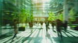 Fototapeta Natura - Corporate, building and business group of people walking for city exploration, sustainable living or office. Blurry, silhouette and movement background for architecture, wallpaper and eco friendly