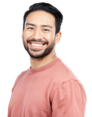 Wall Mural - Asian man, portrait and smile with fashion confidence in Singapore for good mood, positive or handsome. Male person, face and isolated transparent png background for relaxing, weekend or carefree
