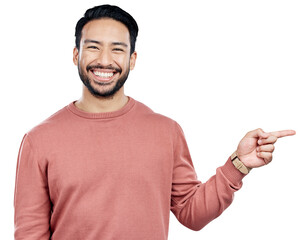 Poster - Man, portrait and pointing to announcement or information for advertising, marketing and promotion with direction. Happy, decision or person with hand gesture isolated on a png transparent background