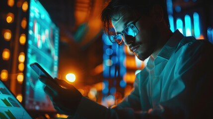 Wall Mural - A businessman using a mobile device to check market data.