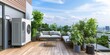 © Ben - A Heat Pump at Modern and Stylish Balcony Overlooking the Bustling City Skyline, with Comfortable Lounge Furniture and Lush Greenery, Inviting Relaxation Amidst the Sky Scrapers, Generative AI