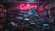 © Keitma - Culture concept image with stack of books in a bookshop or a library and sign with written word culture