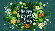 Happy Earth Day illustration background with green plants and round earth in the middle to celebrate April 22 world earth day