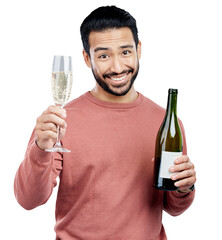 Poster - Champagne, toast and portrait of happy man with glass cheers offer on isolated, transparent or png background. Wine, face and Japanese person with congratulations, support or celebration gesture