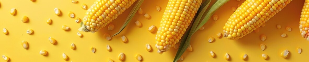 Wall Mural - Fresh corn cobs and seeds on yellow background