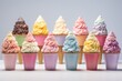 Assorted pastel-colored desserts on white background for confectionery and dessert concepts