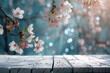 Empty wooden table in spring season with garden bokeh background . AI generated illustration