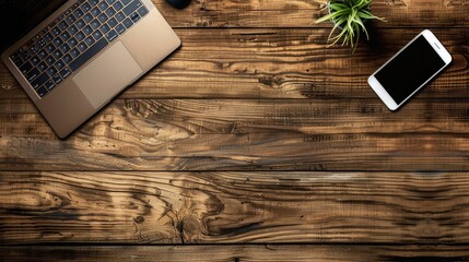 Poster - Office workplace with laptop and smart phone on wood table