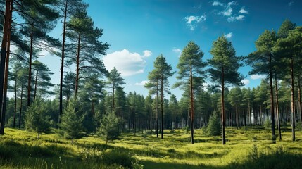 Wall Mural - ultra realistic photo of beautiful nature with pine trees and sky, summer, soft sunlight breaks through the pine trees, a clearing in front of the forest
