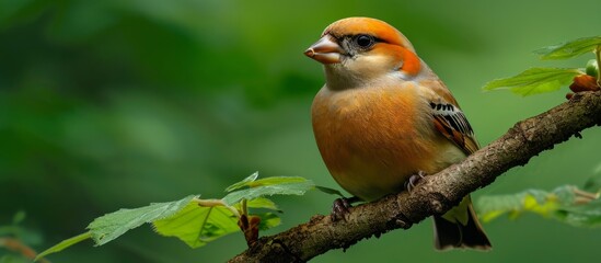 Wall Mural - A finch, a perching bird, sat on a twig in the jungle. Its beak opened, releasing a melodious song as it perched on the tree branch