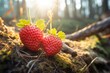 Ripe wild strawberries growing abundantly in the forest on a beautifully sunny day