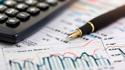 Wall Mural - Financial accounting stock market graphs, pen, analysis calculator