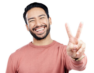 Wall Mural - Peace, hands and portrait of happy asian man with winner sign on isolated, transparent or png background. V, emoji or Japanese model face with thank you, vote or feedback support, gesture or icon