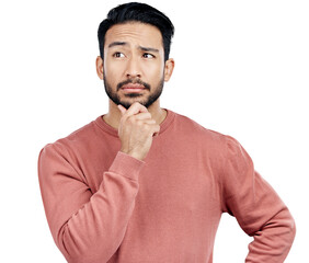 Leinwandbilder - Confused, thinking and young man with ideas, decision and choice facial expression for question. Plan, brainstorming and Asian person with problem solving face isolated by transparent png background.