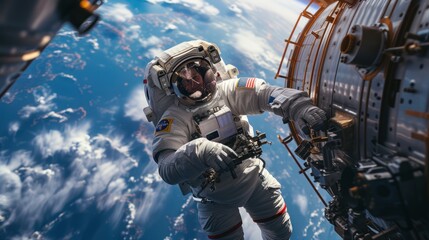 A cosmonaut in the open space of outer space