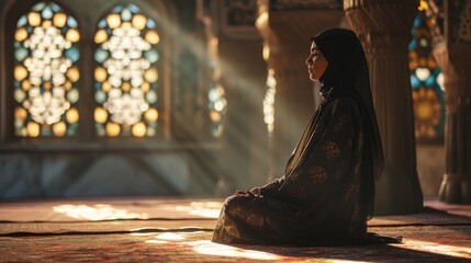 Wall Mural - Young muslim woman prayer hijab pray to God on blur mosque background concept for eid mubarak, life and soul fasting of international islamic ramadan sunlight