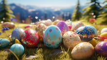 Easter eggs colorfully painted in the Easter nest - greeting card - Easter eggs colored by children - colorful easter eggs for greetings