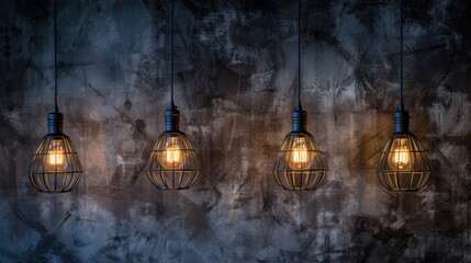 Sticker -  a group of light bulbs hanging from a wire on a gray and black wall with a light bulb hanging from the ceiling.