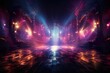 3d render. Searchlights in the dark. Abstract background with two projectors, neon lights shining on the empty stage