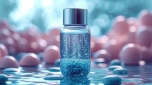 A Close Up Of A Bottle Of Water On A Surface With Eggs In The Background And Water Droplets On The Bottom Of The Bottle.