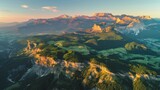 Fototapeta Do pokoju - Fly over beautiful mountain scenery in the morning Scenery of orange rocky mountains and green ridges