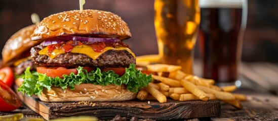 Wall Mural - A classic fast food dish featuring a hamburger and french fries served on a wooden cutting board with a side of beer