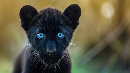 Wall Mural -  a small black cat with blue eyes looking at the camera with a blurry background of grass and trees in the background.