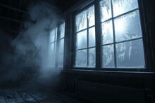 A dimly lit room with frosted windows and visible breath in the air, creating a chilling atmosphere. Dark and foreboding style.