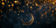 A crescent hanging on a string against a black background, representing a festive atmosphere, bokeh, whimsical and playful scenes, and surrealistic installations in dark sky-blue and gold.