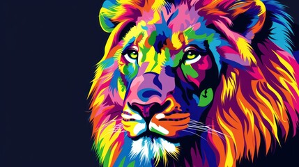 Poster -  a close up of a colorful lion's face on a black background with the colors of the rainbow on the lion's face.