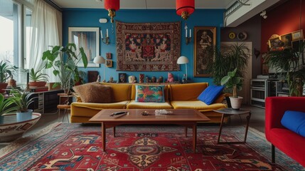 Poster -  a living room filled with lots of furniture and a rug on top of a hard wood floor next to a window.