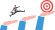 © vector mall - Businessman running on top of giant hands to the goal.