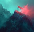An abstract digital artwork of a flag on a mountain is presented, featuring luminous 3D objects, atmospheric illusionism, 2D game art, and enigmatic characters in dark cyan and light crimson.