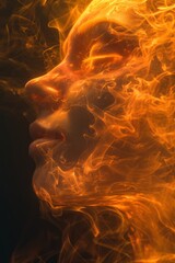 Wall Mural - A woman's face with fire, smoke, and smoke coming out of her hair, featuring transcendental dreaming and volumetric lighting in light orange.