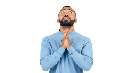 Wall Mural - Praying, spiritual and man for gratitude, worship and forgiveness of christian with faith. Catholic, religion or brazil male with prayer hand in confession or isolated on a transparent png background