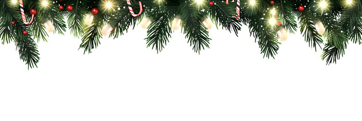 Sticker - Seamless decorative christmas border with coniferous branches and garlands of christmas lights on transparent background