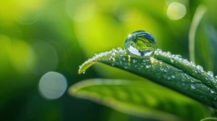 Wall Mural -  a drop of water sitting on top of a green leaf covered in drops of water on top of a green leaf.
