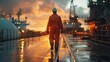 Close up of Offshore oil rig worker walks to an oil and gas facility to work in the process