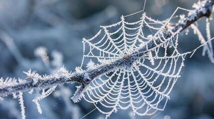 Wall Mural -  a close up of a spider web on a branch of a tree with frost on the leaves and drops of dew on the branches.