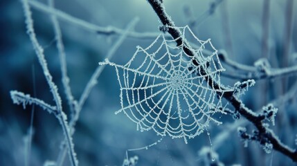 Wall Mural -  a close up of a spider web on a tree branch with ice on the drops of the spider's web.