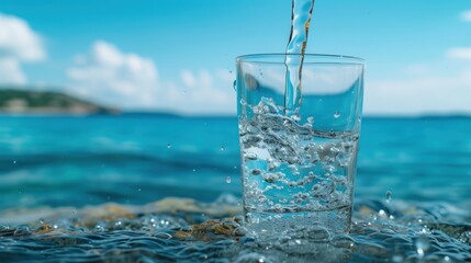 Wall Mural -  a glass filled with water sitting on top of a rock next to a body of water with a blue sky in the background.