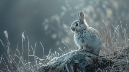 Wall Mural -  a small rabbit sitting on top of a rock in the middle of a field of tall grass with a blurry background.