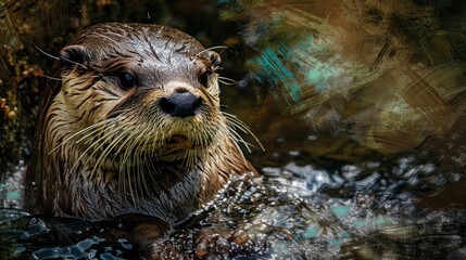 Poster -  a close up of a wet otter in a body of water with its head above the water's surface.