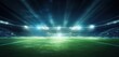 A large football stadium with green grass and spotlights from above. generative AI