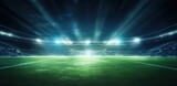 Fototapeta Sport - A large football stadium with green grass and spotlights from above. generative AI