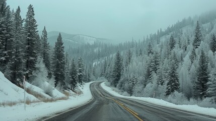 Wall Mural -  a road in the middle of a forest with snow on the ground and trees on both sides of the road.