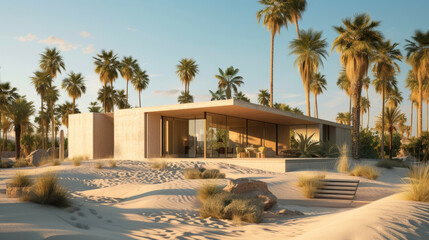 Wall Mural - Nestled a the sand dunes and shimmering palm trees this desert oasis boasts a sleek and minimalist design making use of natural materials and reflective surfaces to keep the