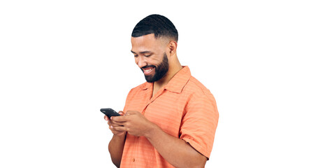 Aufkleber - Happy man, phone and typing for social media, communication or networking on a transparent PNG background. Isolated or young male person with smile on mobile smartphone for online chatting or texting
