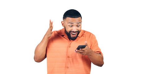 Poster - Excited man, phone and surprise with good news in celebration for winning on a transparent PNG background. Isolated or happy male person in shock or wow for amazing deal or prize on mobile smartphone