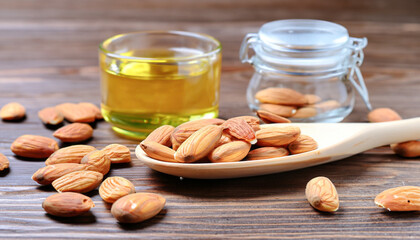 Poster - peeled almonds in a spoon and oil in a jar on wooden background